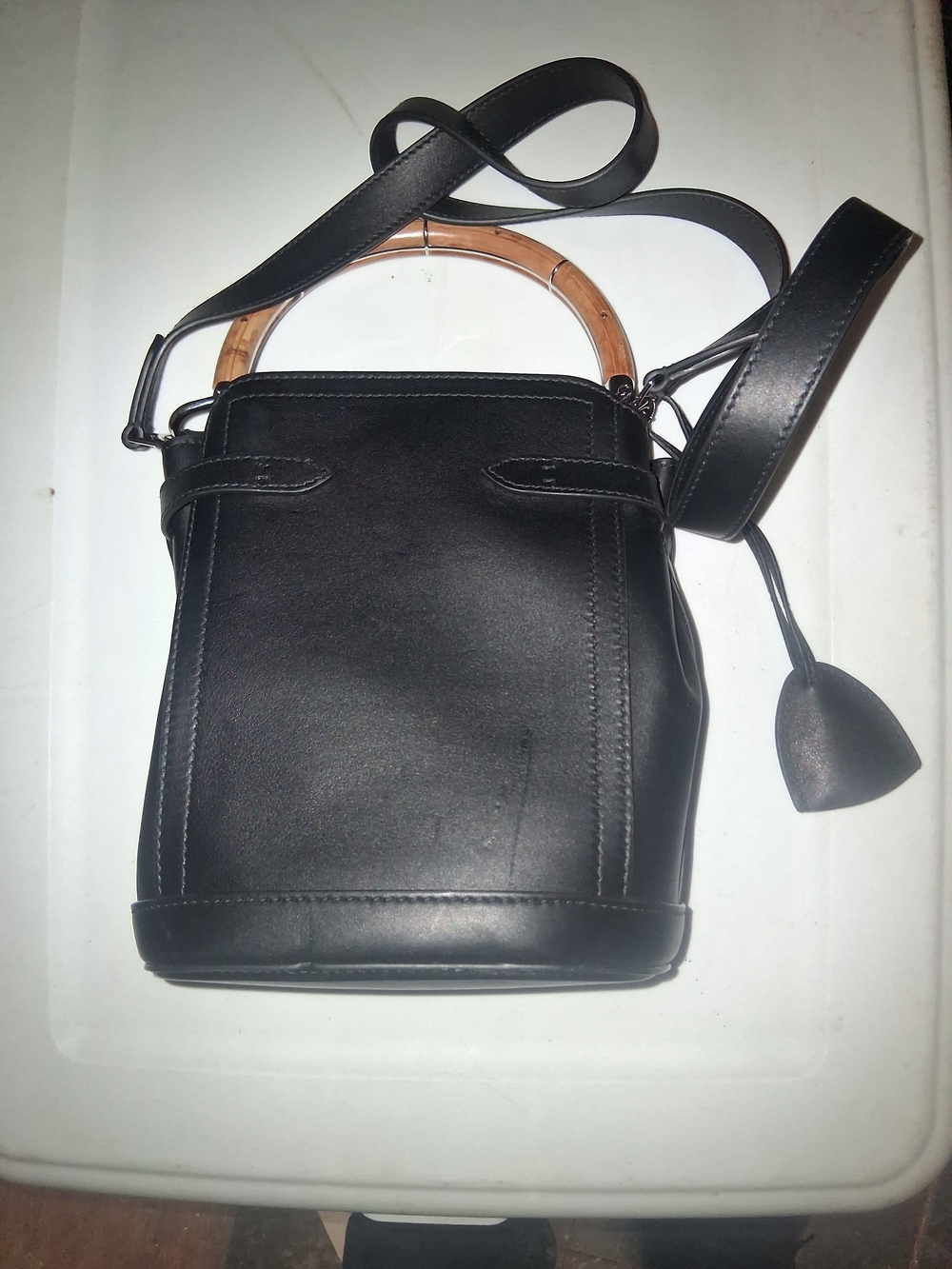 Ralph Lauren Black Leather Mini Bucket Bag with Bamboo Handle - Picture 2 of 11